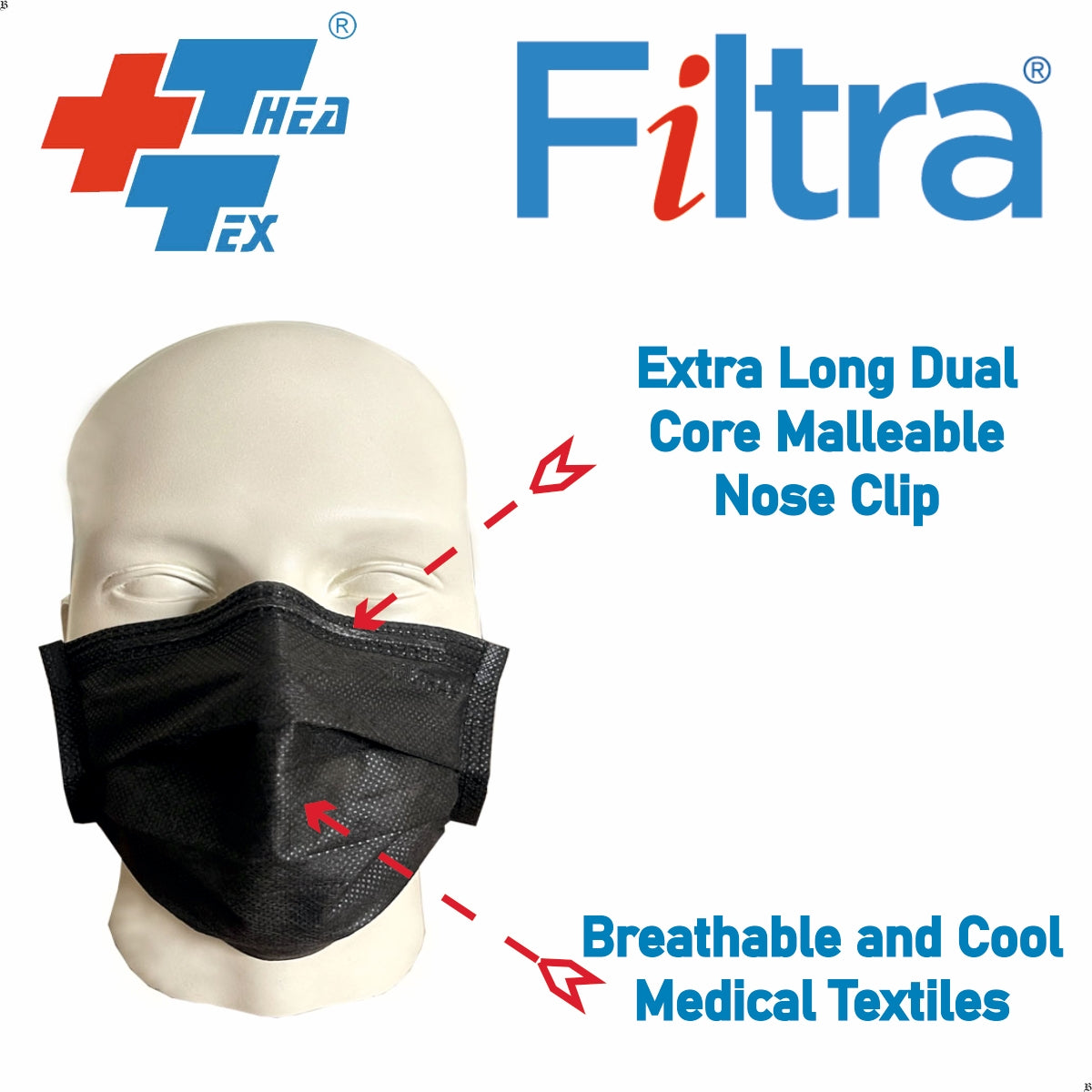Image showing a mannequin wearing a black filtra 3 layer ear loop mask and its features