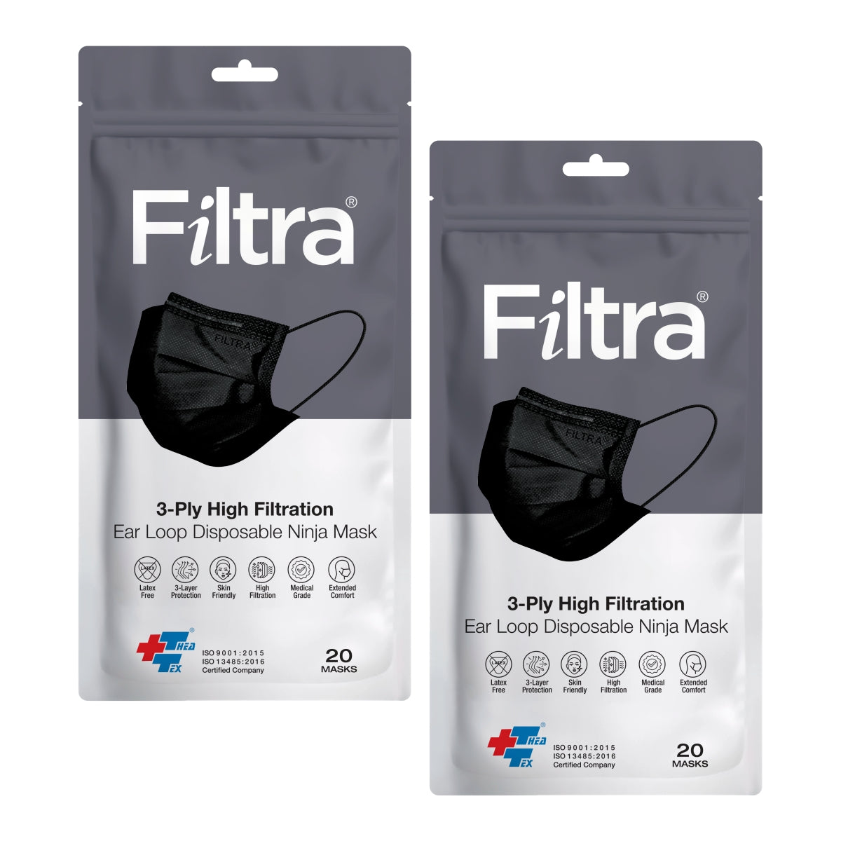 2 packs of Filtra 3 ply high filtration ear loop disposable ninja mask containing 20 masks each