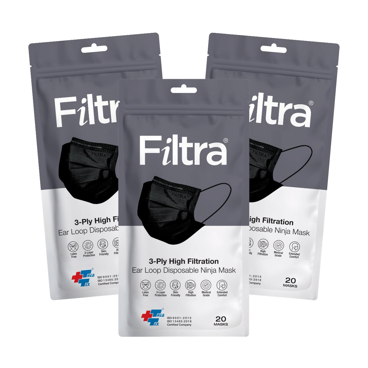 3 pouch packs of Filtra 3 ply high filtration ear loop disposable ninja mask containing 20 masks each
