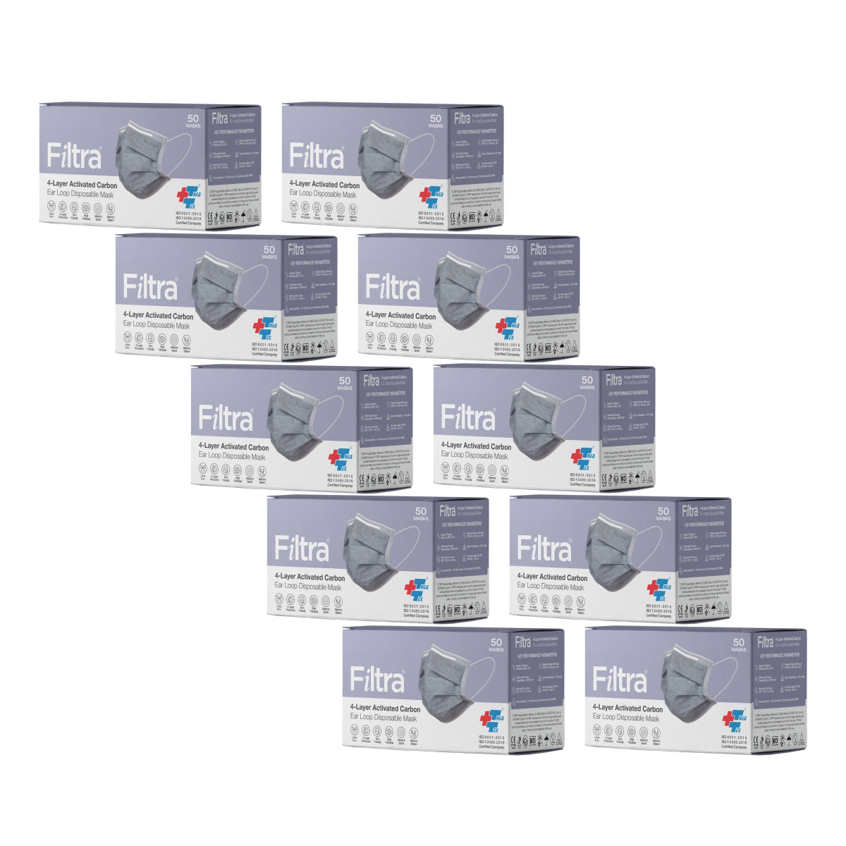 Grey 4-Ply Ear Loop Activated Carbon Mask Box of 50 Masks