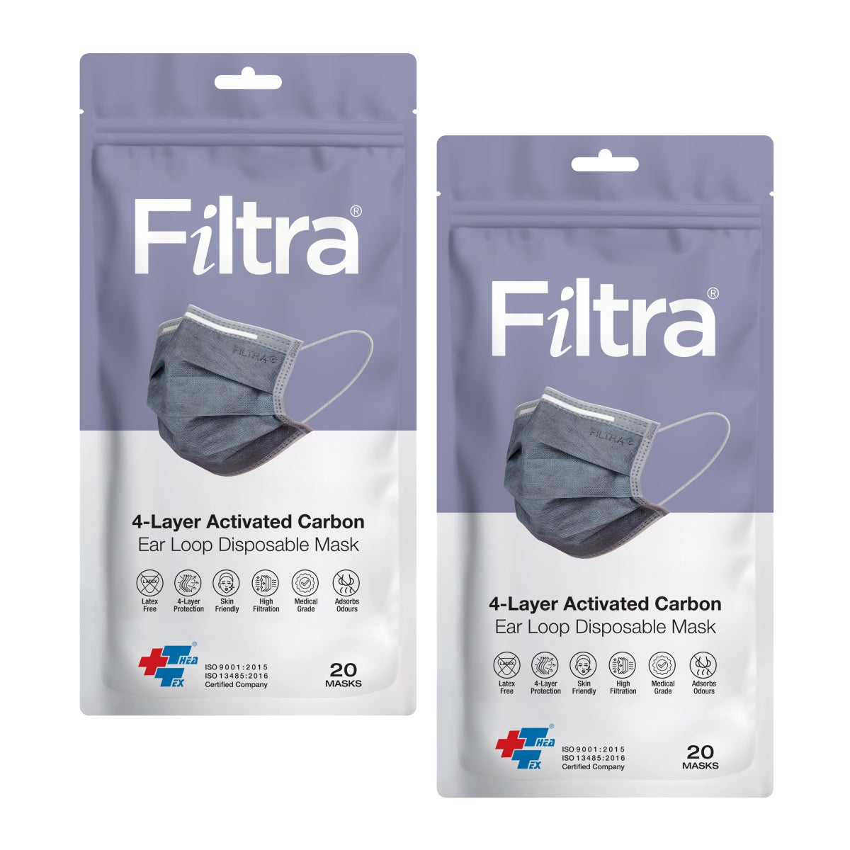 Image showing 2 pouch packs of Filtra 4-layer activated carbon Ear Loop Disposable Mask each containing 20 masks