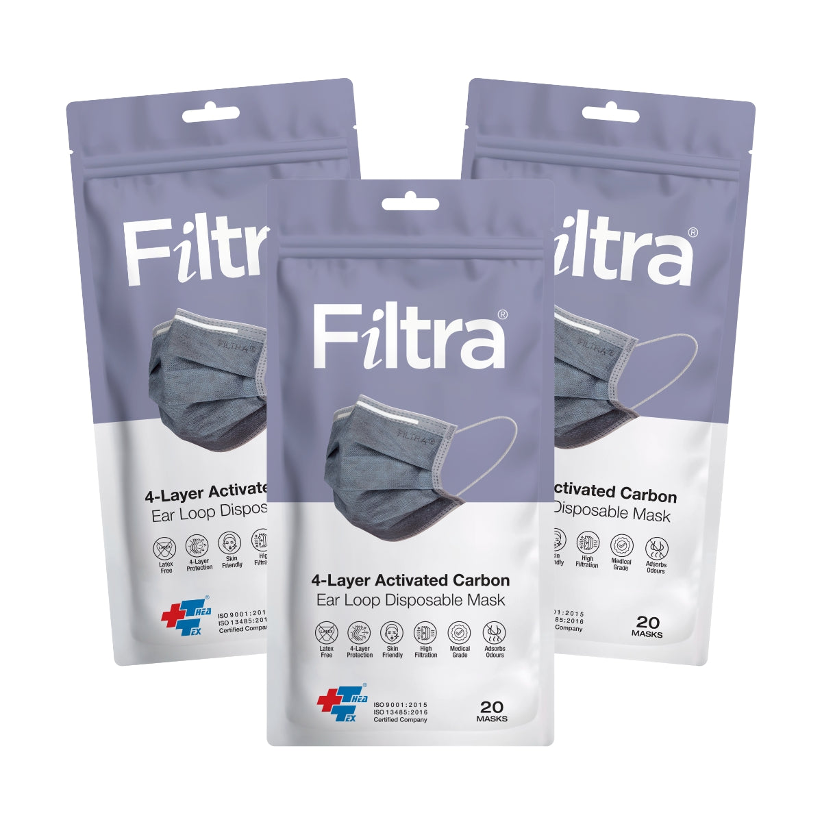 Image showing 3 pouch packs of Filtra 4 layer activated carbon ear loop disposable mask each containing 20 masks