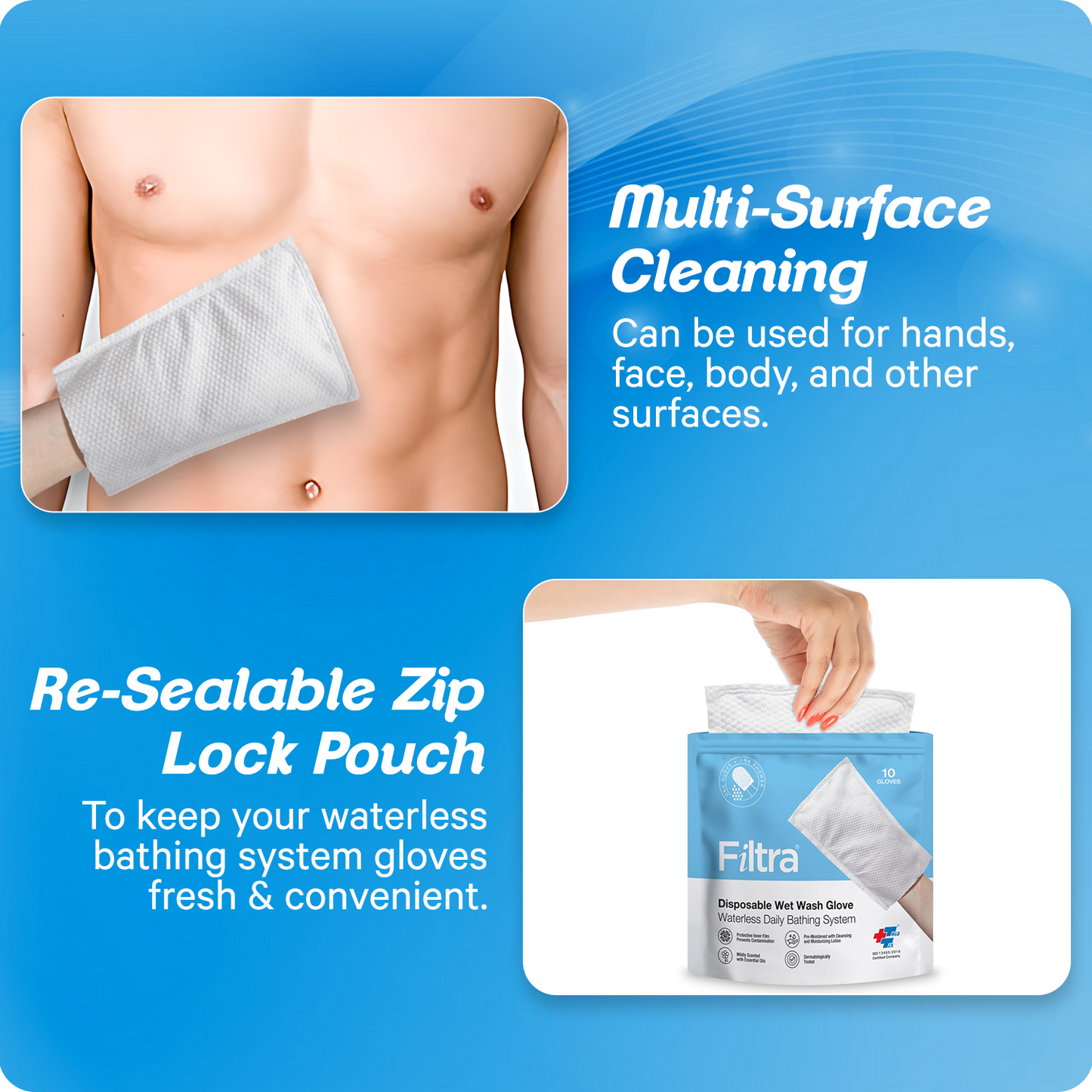 Disposable Wet Wash Gloves Body Wipes Re-Sealable Zip Lock Pouch of 10 Gloves (10 count Pack of 4)