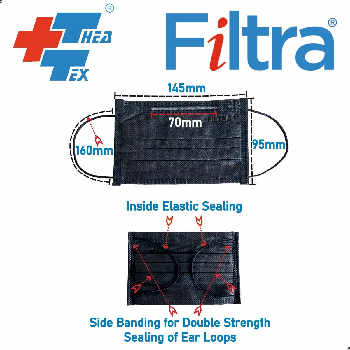 Black 3-Ply Ear Loop Kids Mask Pouch of 20 Pcs Masks