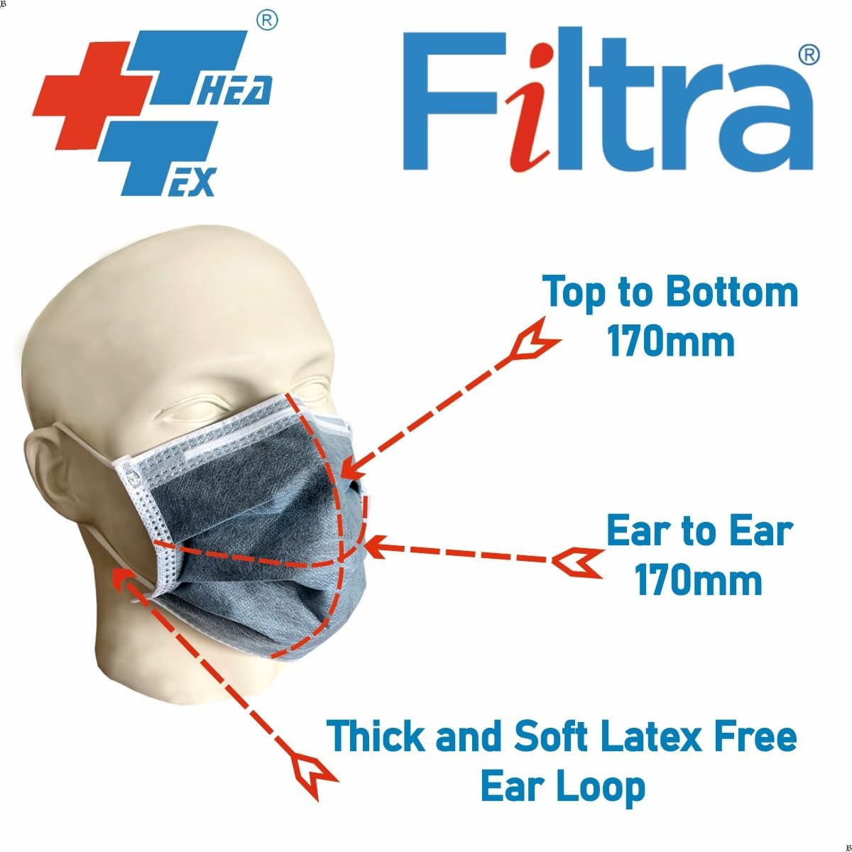 Image showing a mannequin wearing filtra 4 layer activated carbon ear loop mask showing the measurements and specifications of the mask