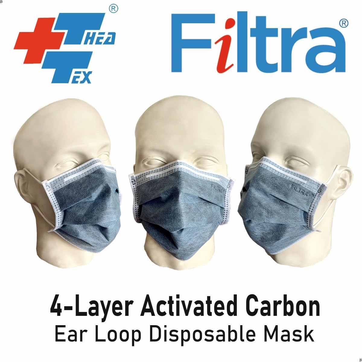 Image showing three mannequins wearing black Filtra 4-layer activated carbon ear loop disposable masks