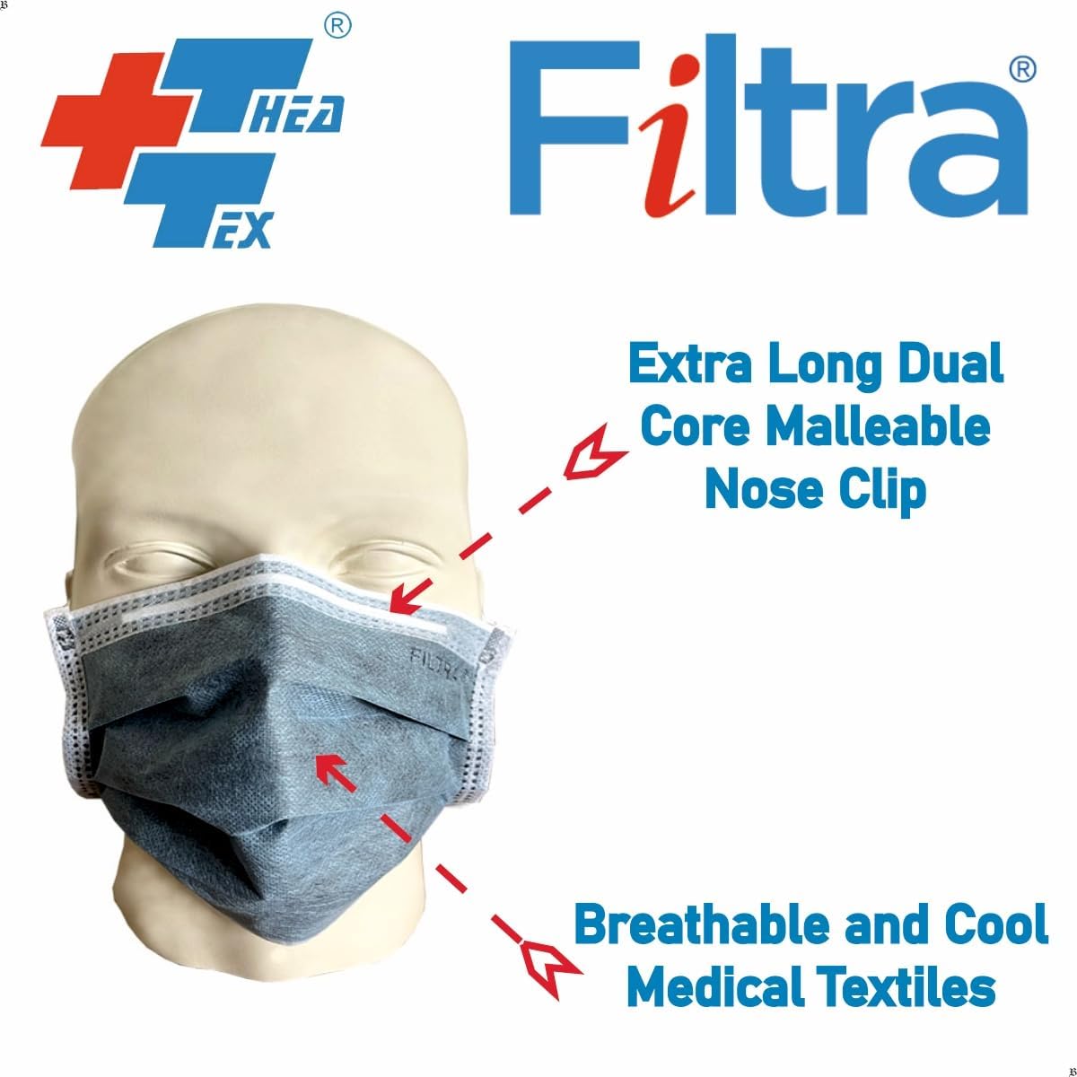 Image showing a mannequin wearing a Filtra 4-layer activated carbon Ear Loop Disposable Mask with its features