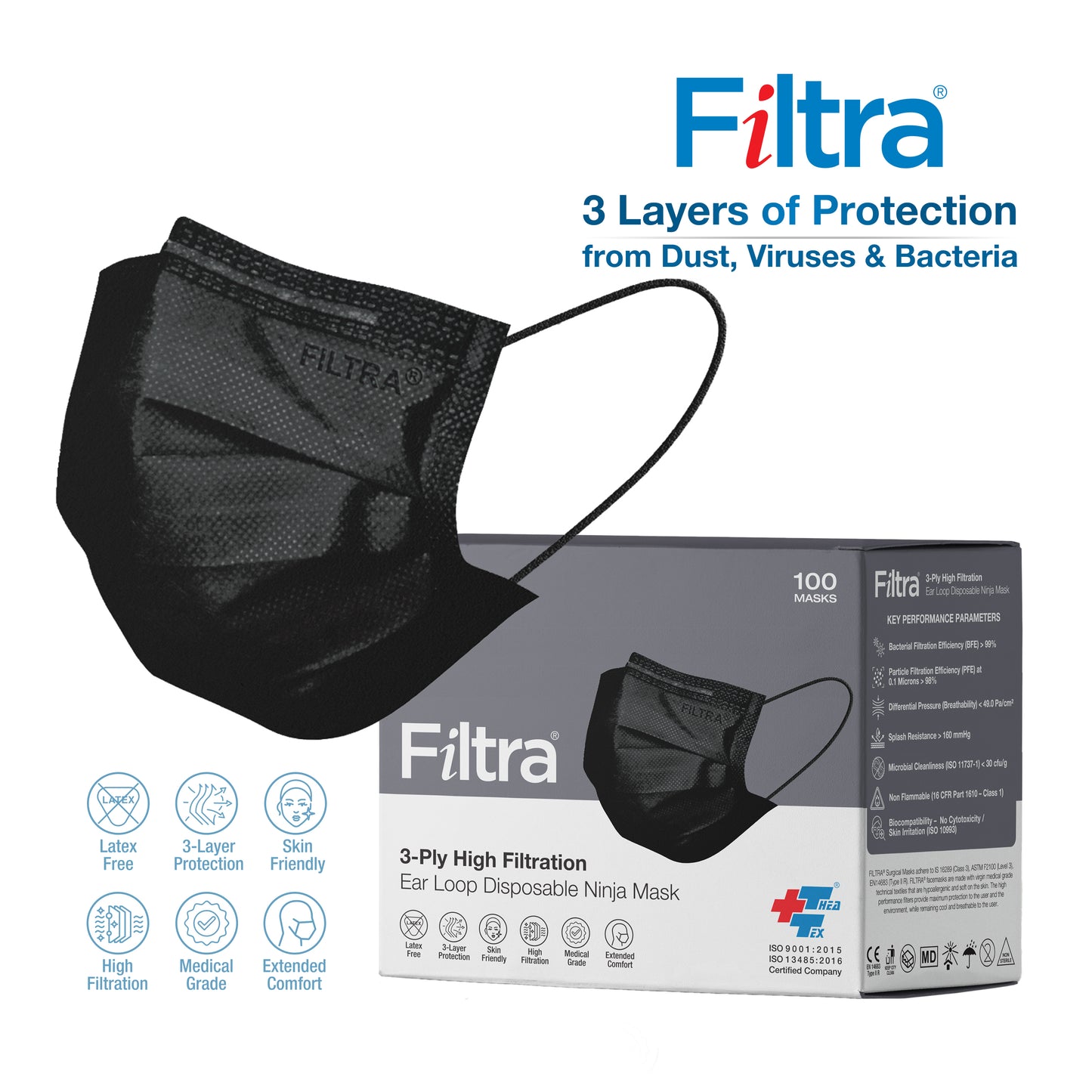 Black 3-Ply Ear Loop Surgical Mask Box of 100 Masks