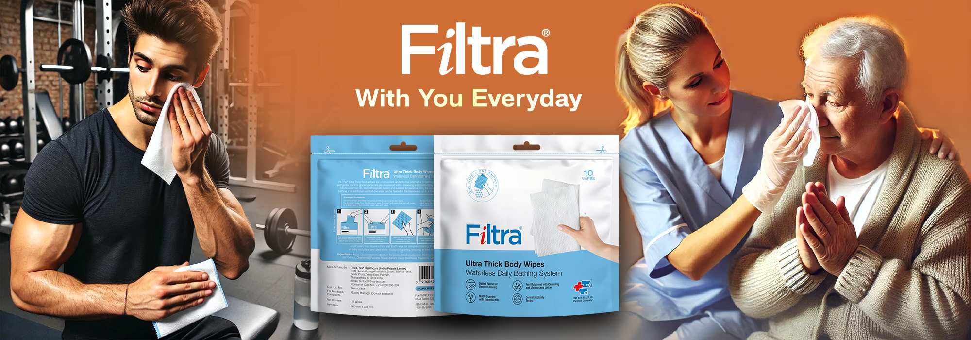Image showing uses of filtra ultra thick body wipes and saying that it's perfect for people who are bed ridden or play sports or do gym