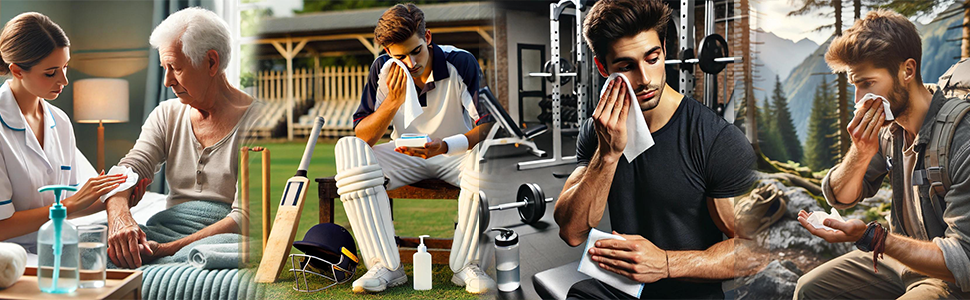 Image showing uses of filtra ultra thick body wipes and saying that it's perfect for people who travel frequently, have limited mobility, are bed ridden or play sports or do gym