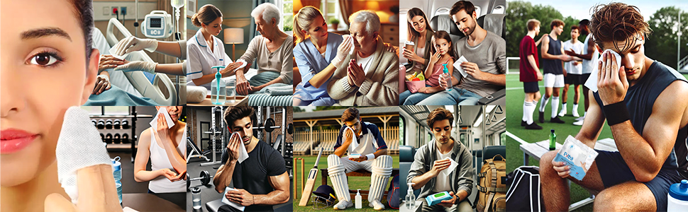 Image showing uses of filtra ultra thick body wipes and saying that it's perfect for people who travel frequently, have limited mobility, are bed ridden or play sports or do gym