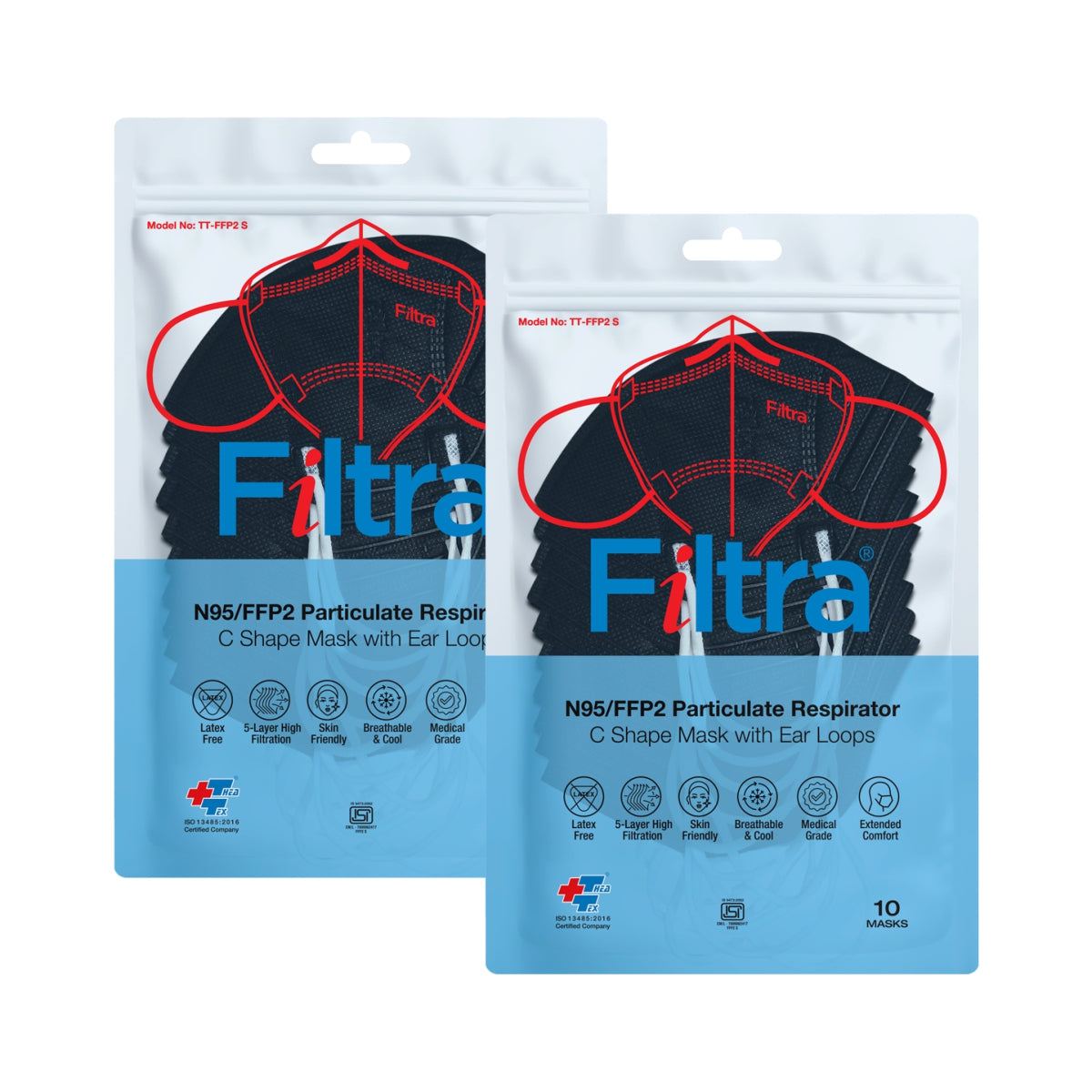 Black N95 Mask with Ear Loops Pouch of 10 Masks