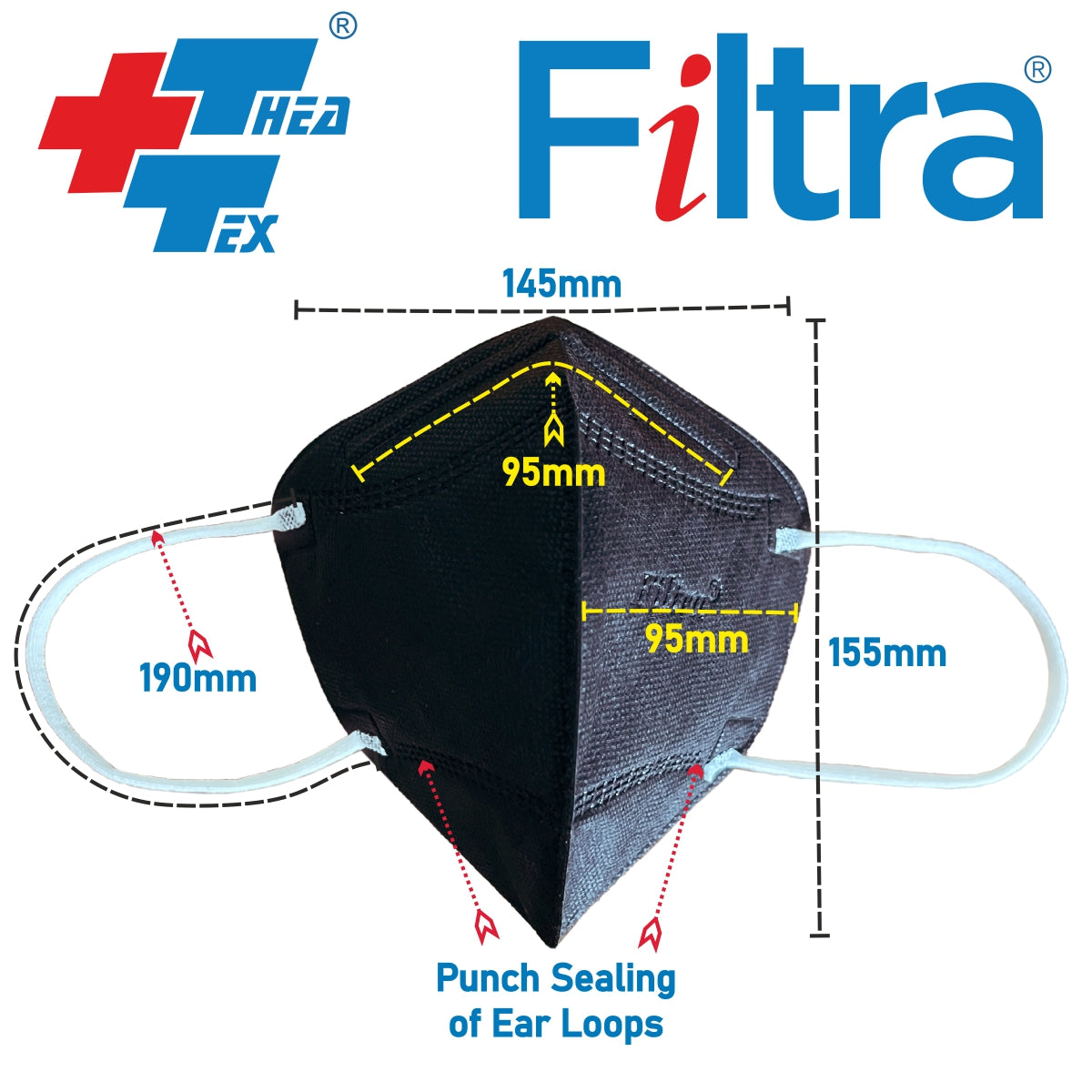 Image showing a black C shape ear loop FFP2/N95 Mask specifications
