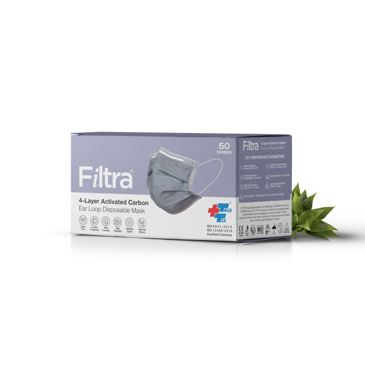 Image showing a box pack of Filtra 4-layer activated carbon ear loop disposable mask