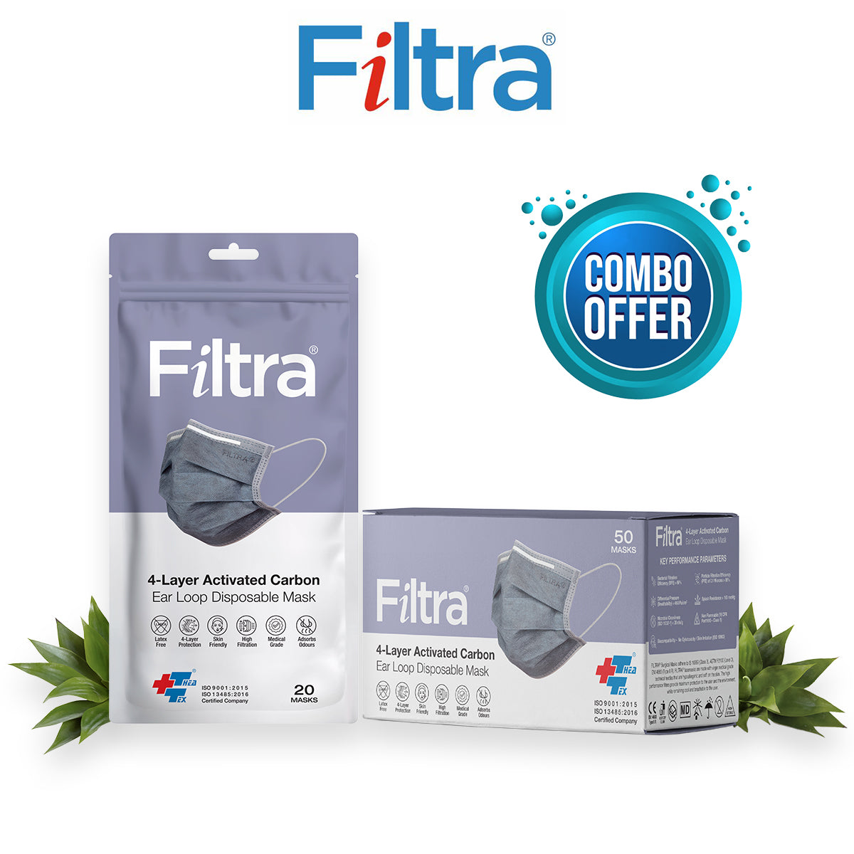 Image showing a combo offer of a pouch pack of Filtra4-Layer Activated Carbon Ear Loop Disposable Mask containing 20 masks and a box pack of Filtra 4-Layer Activated Carbon Ear Loop Disposable Mask containing 50 masks