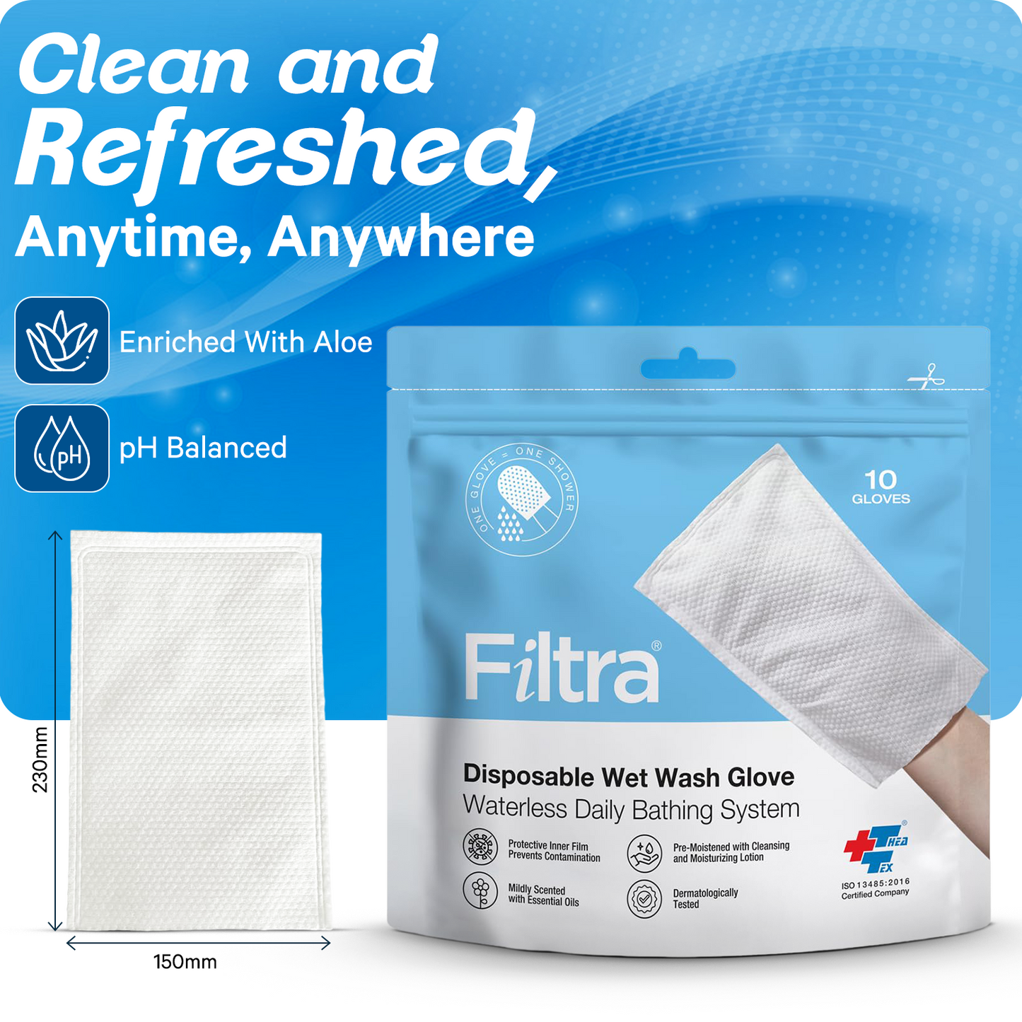 Image showing a pouch pack of Filtra ultra thick wipes and its features