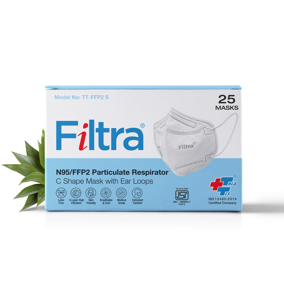 Box of Filtra N95/FFP2 particulate respirator masks, C shape with ear loops, containing 25 masks, with plant decoration.