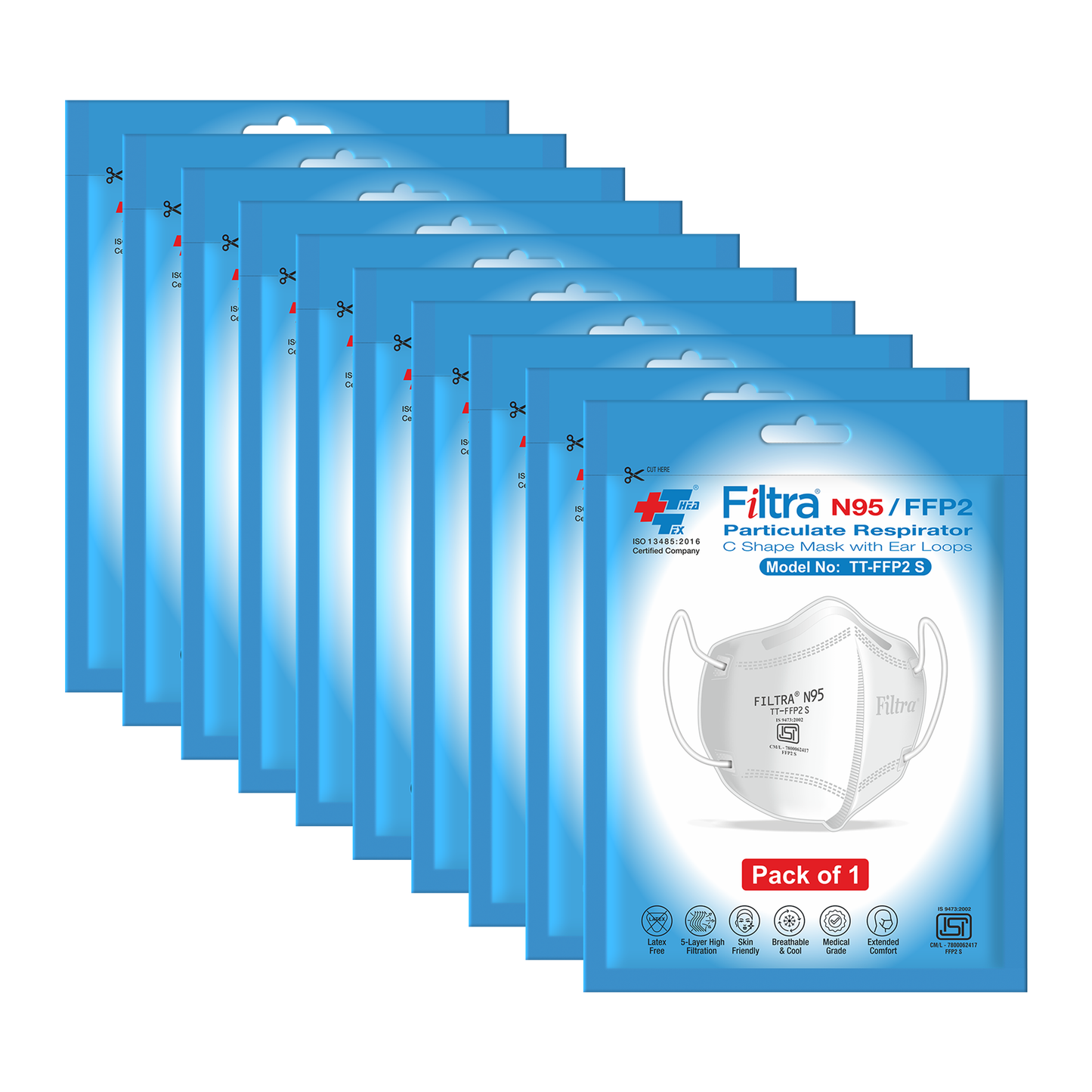 White N95 Mask with Ear Loops 10 Single Packs of 1 Mask