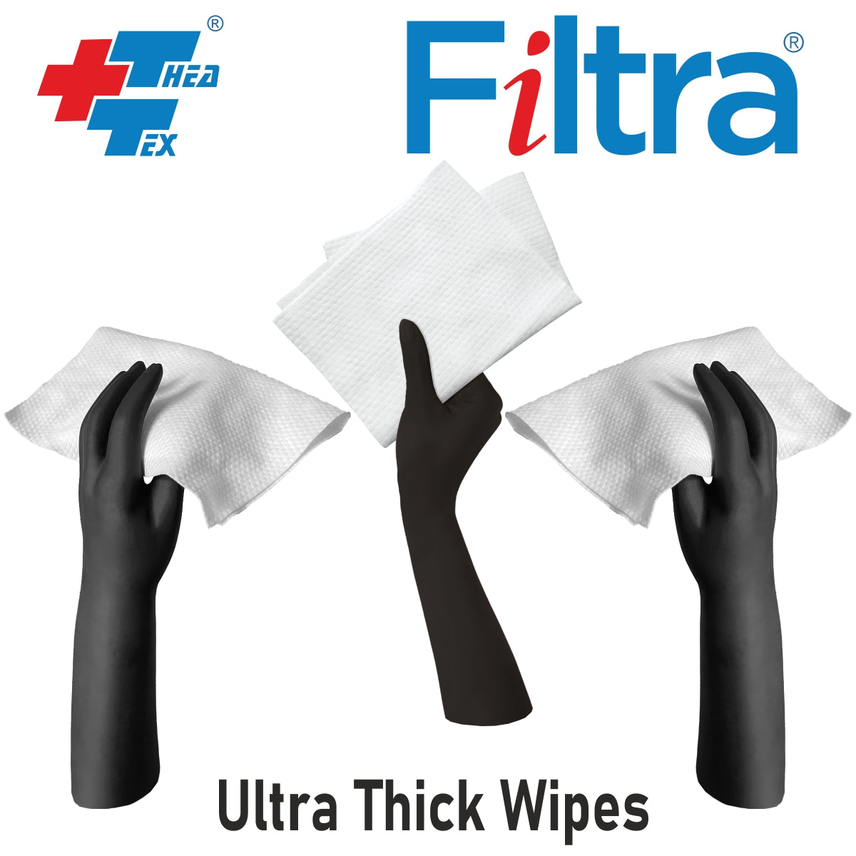 Image showing 3 mannequin hands holding filtra ultra thick body wipes