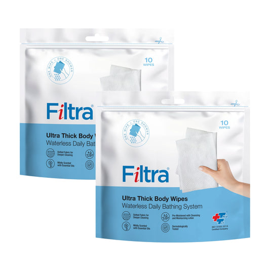 Image showing 2 packs of Filtra ultra thick body wipes each containing 10 wipes