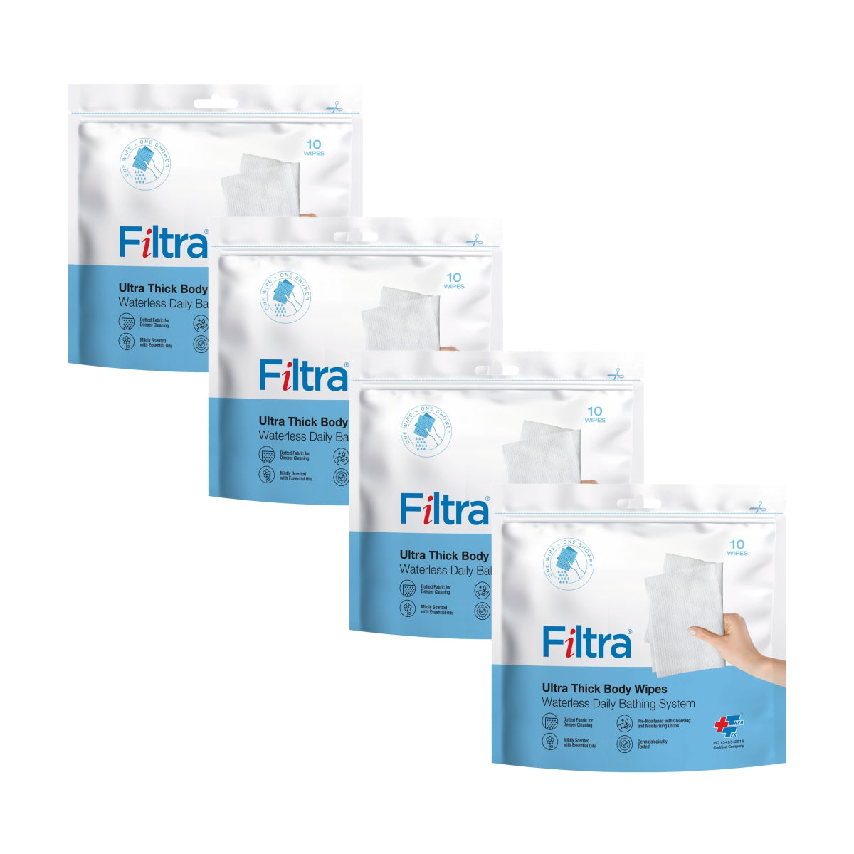 Image showing 4 packs of Filtra ultra thick body wipes each containing 10 wipes