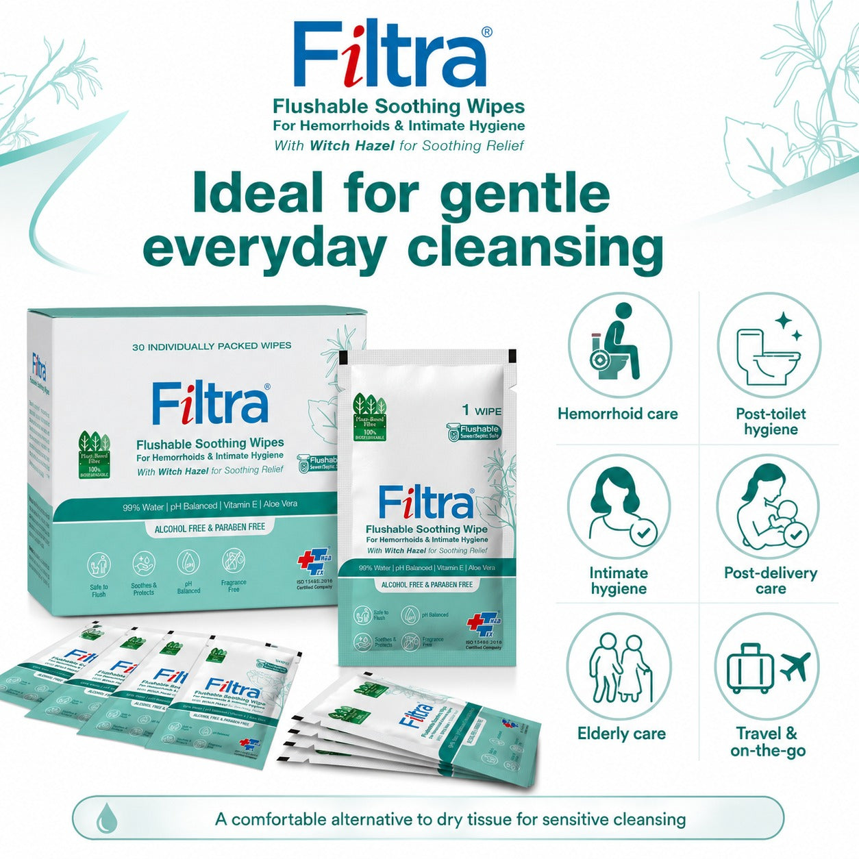 Flushable Soothing Wipes-Box of 30 Single Sachets