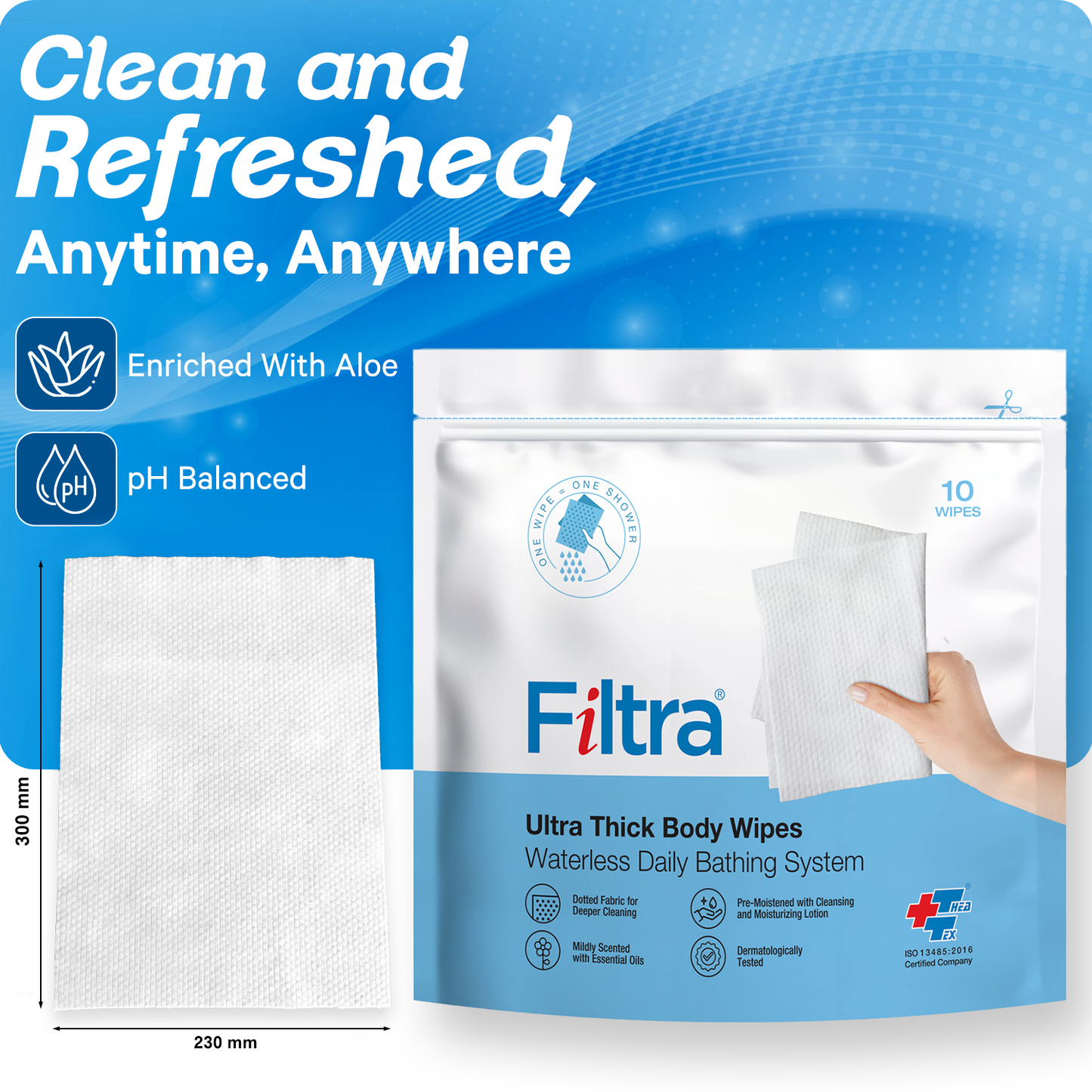 FILTRA® Ultra Thick Body Wipes | Re-Sealable Zip Lock Pouch of 10 Wipes | [ 10 count (Pack of 4)]