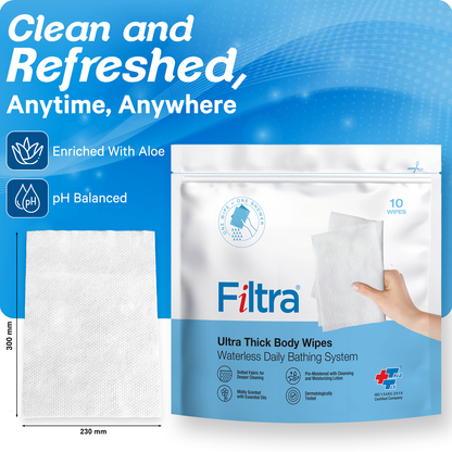 FILTRA® Ultra Thick Body Wipes | Re-Sealable Zip Lock Pouch of 10 Wipes | [ 10 count (Pack of 4)]