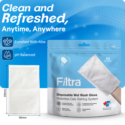 FILTRA® Disposable Wet Wash Gloves | Body Wipes | Re-Sealable Zip Lock Pouch of 10 Gloves | [10 count (Pack of 3)]