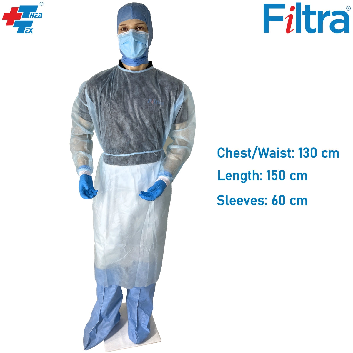 A blue Filtra gown made from 25 GSM nonwoven fabric, lightweight and protective for various medical and hygiene purposes.