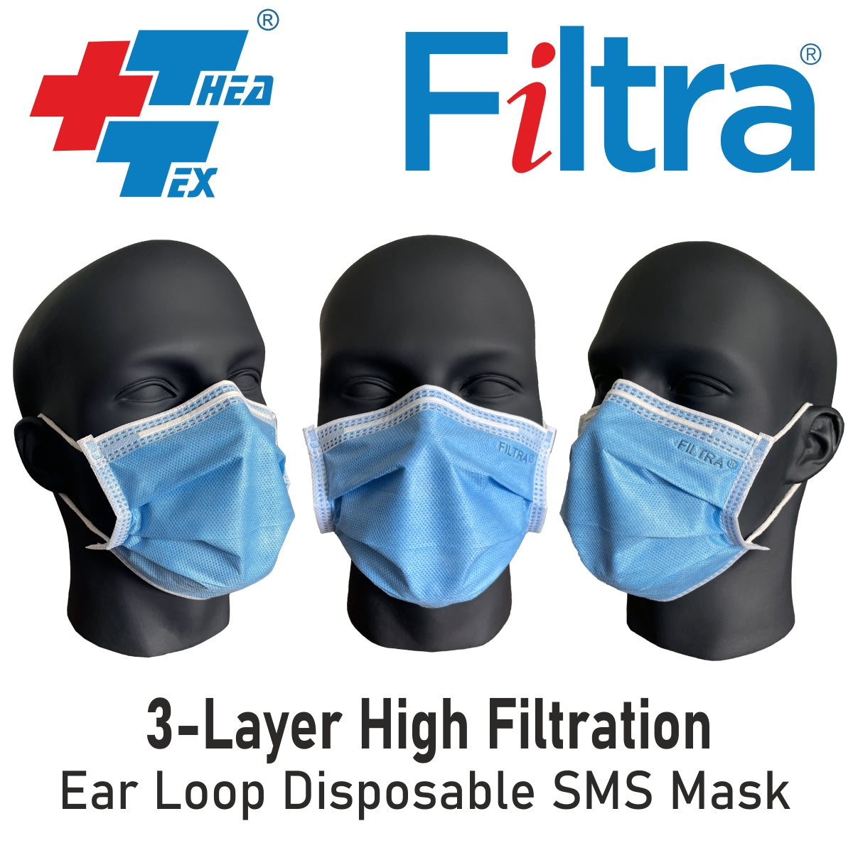 FILTRA® 3-Ply Ear Loop SMS Mask | Blue | Box of 100 Masks