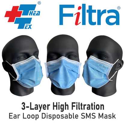 FILTRA® 3-Ply Ear Loop SMS Mask | Blue | Box of 100 Masks