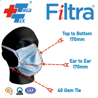Blue 3-Ply Tie-On Surgical Mask Box of 50 Masks