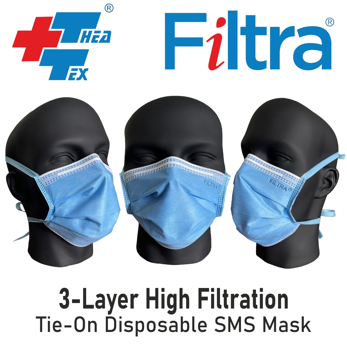 FILTRA® 3-Ply Tie On SMS Mask | Blue | Box of 50 Masks