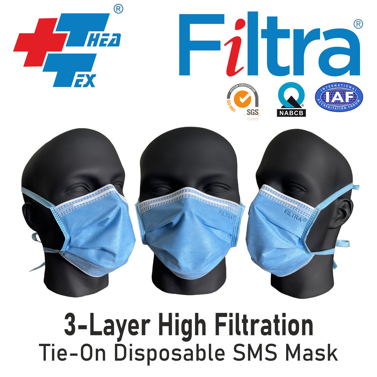 Blue 3-Ply Tie On SMS Mask Box of 50 Masks