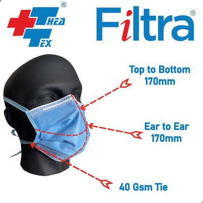 FILTRA® 3-Ply Tie On SMS Mask | Blue | Box of 50 Masks