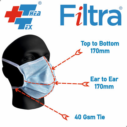 FILTRA® 3-Ply Tie-On Surgical Mask | Blue | Box of 50 Masks