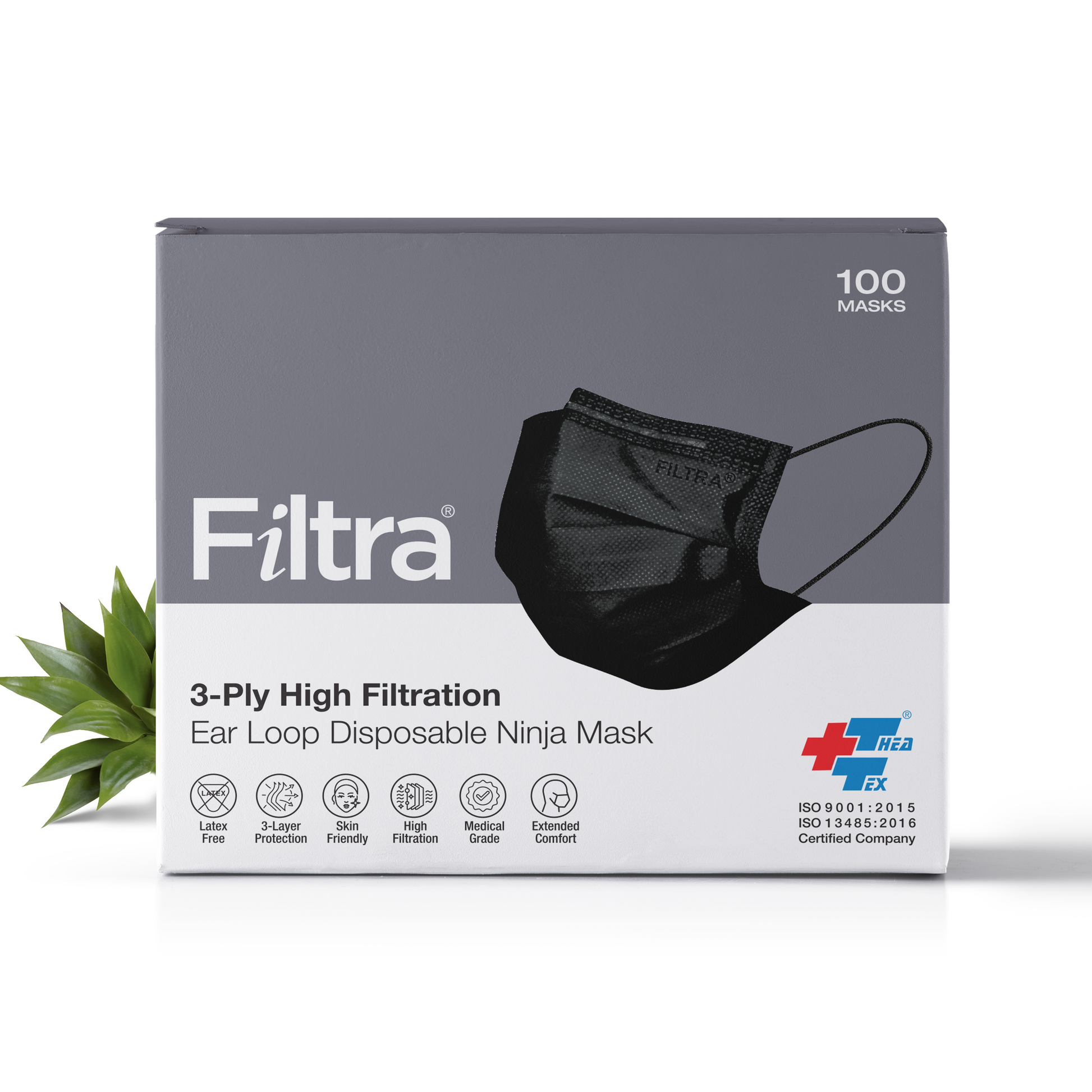 Filtra 3-Ply High Filtration Ear Loop Disposable Ninja Mask Box with 100 black masks for enhanced protection.