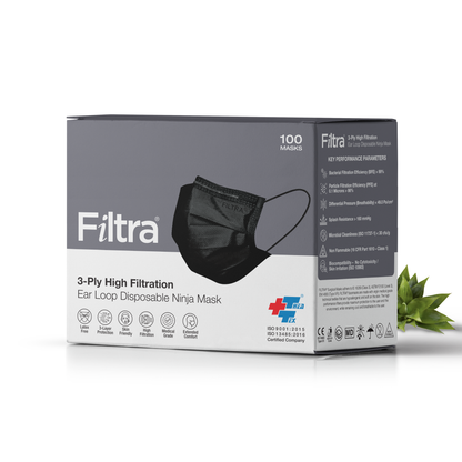 FILTRA 3-ply black ear loop disposable ninja mask. Contains 100 masks. High filtration.