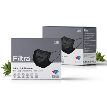 FILTRA® 3-Ply Ear Loop Surgical Mask | Black | Pack of 10 Boxes X 100 Masks