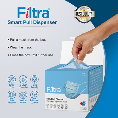 FILTRA® 3-Ply Ear Loop Surgical Mask | Blue | Box of 100 Masks