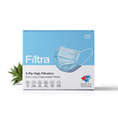 FILTRA® 3-Ply Ear Loop Surgical Mask | Blue | Pouch of 20+Box of 100 Masks