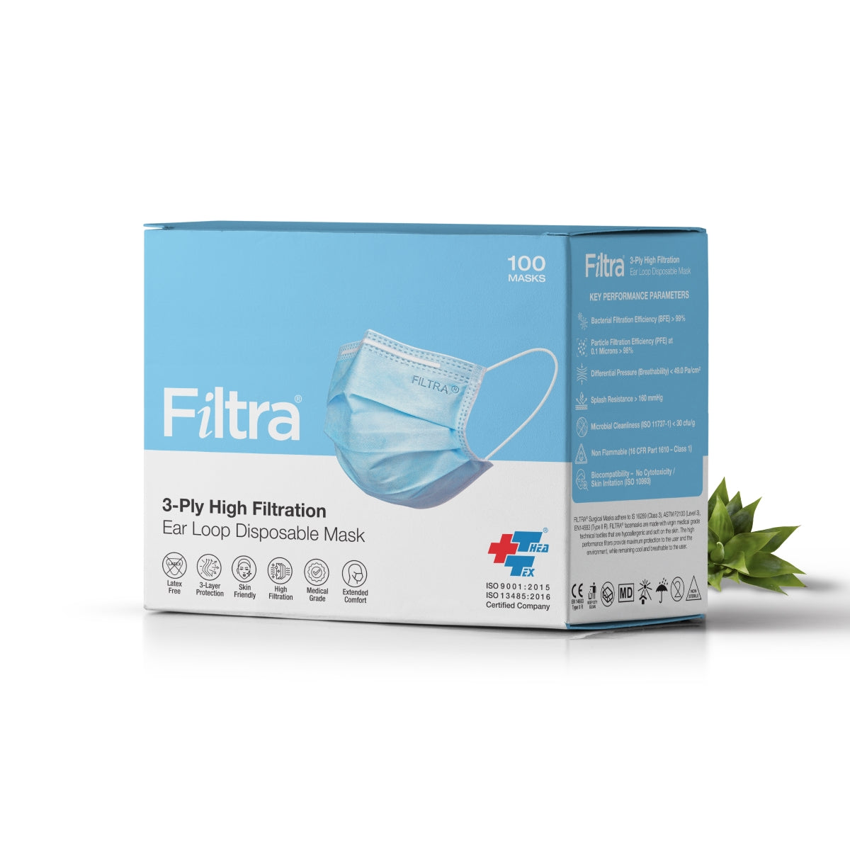 FILTRA® 3-Ply Ear Loop Surgical Mask | Blue | Pouch of 20+Box of 100 Masks