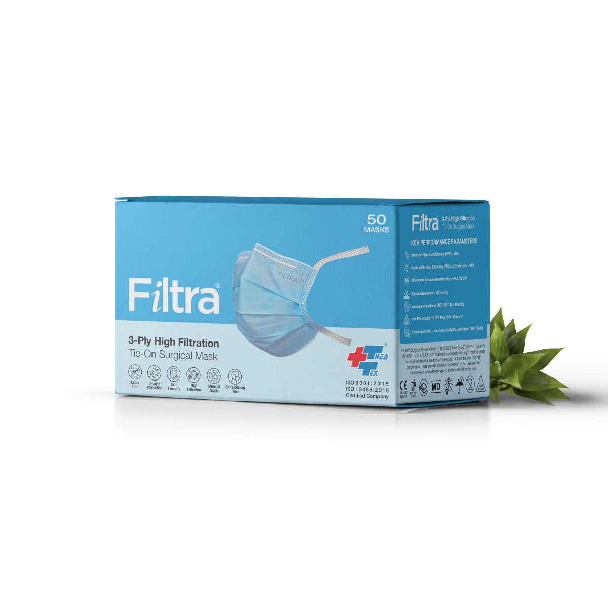 FILTRA 3-ply tie-on surgical mask box. Contains 50 masks. High filtration.