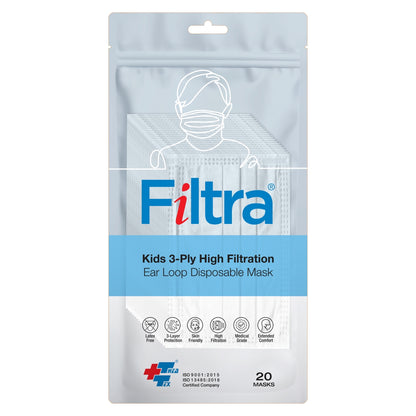 FILTRA® 3-Ply Ear Loop Kids Mask  | White | Pouch of 20 Pcs Masks