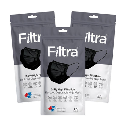 FILTRA® 3-Ply Ear Loop Surgical Mask | Black | Zip Lock Pouch of 20 Masks | [20 count (Pack of 3)]