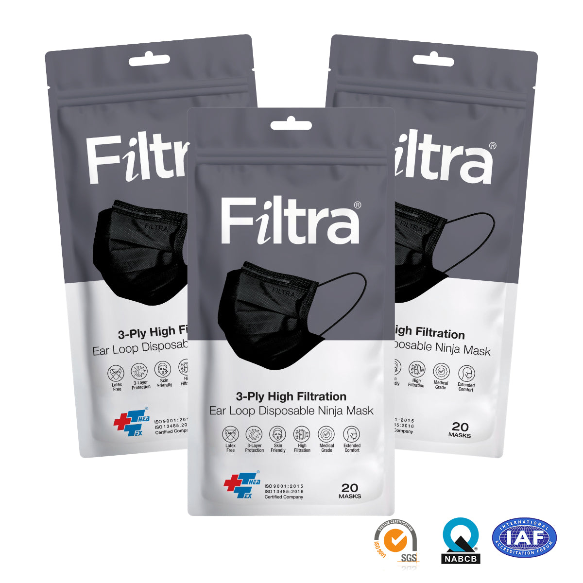 Black 3-Ply Ear Loop Surgical Mask Pouch of 20 Masks