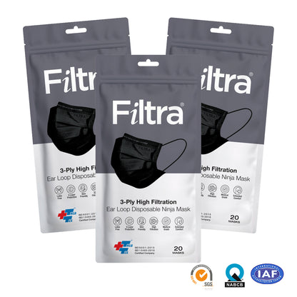 Black 3-Ply Ear Loop Surgical Mask Zip Lock Pouch of 20 Masks (20 count Pack of 3)