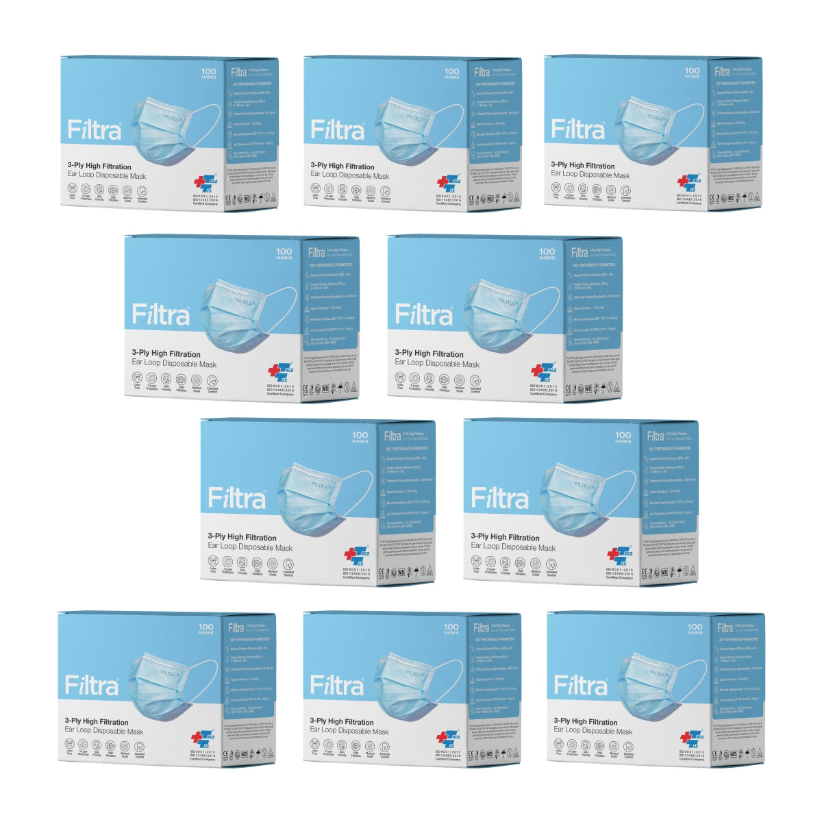 FILTRA® 3-Ply Ear Loop Surgical Mask | Blue | Pack of 10 Boxes X 100 Masks