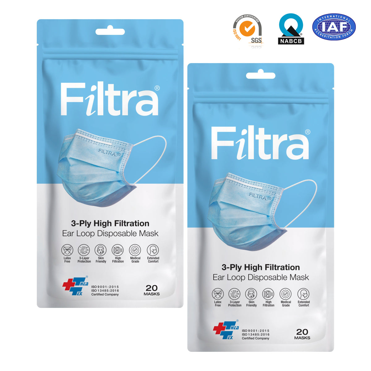 Blue 3-Ply Ear Loop Surgical Mask Pouch of 20 Masks